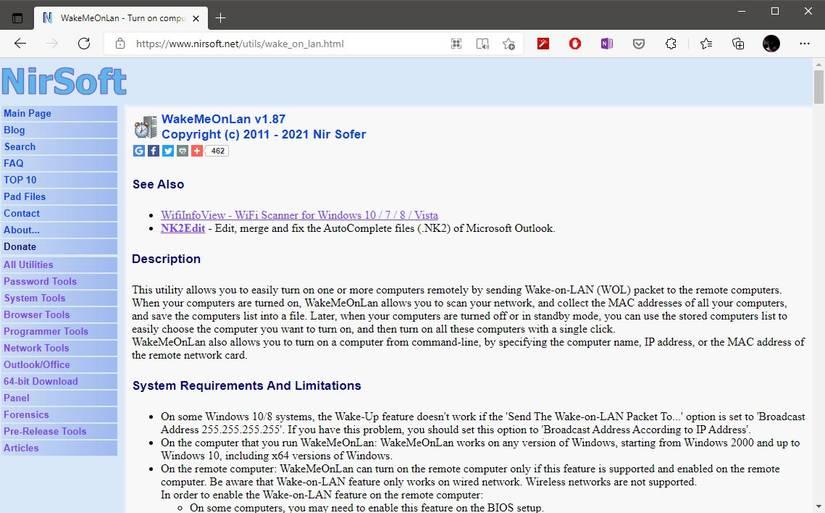 Страница загрузки WakeMeOnLan на сайте NirSoft