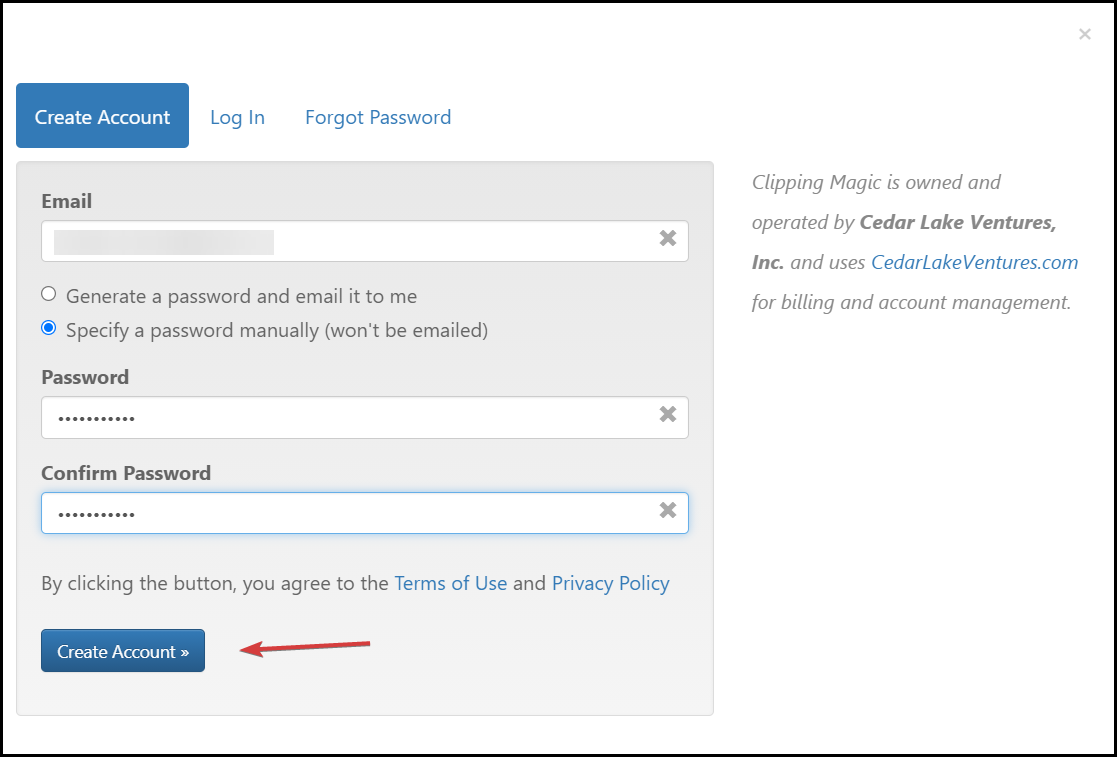 Форма регистрации на Clipping Magic