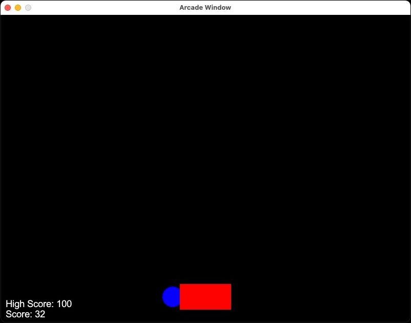 Окно Arcade: синий круг перекрывает красный прямоугольник, в левом нижнем углу отображены счёт и рекорд