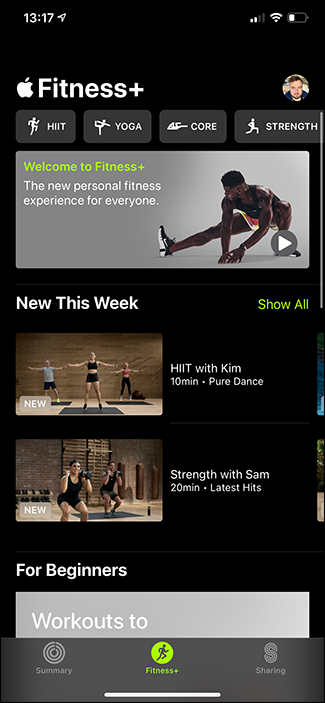 Главный экран приложения Apple Fitness+