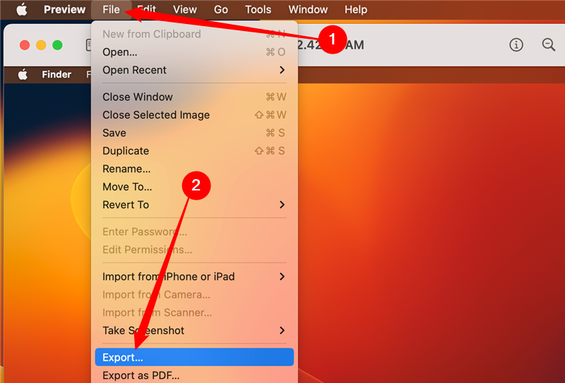 Меню Preview: выбираем «File», затем «Export» для сохранения в другом формате.