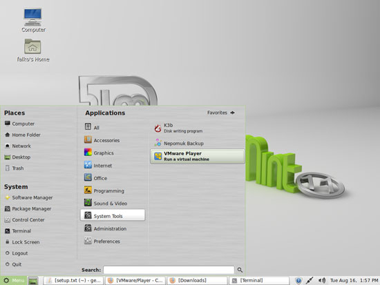 Запуск VMware Player из меню System Tools