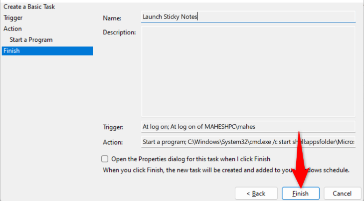Нажмите Готово, чтобы завершить создание задачи
