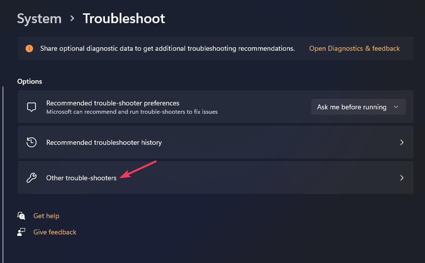 Список встроенных средств устранения неполадок