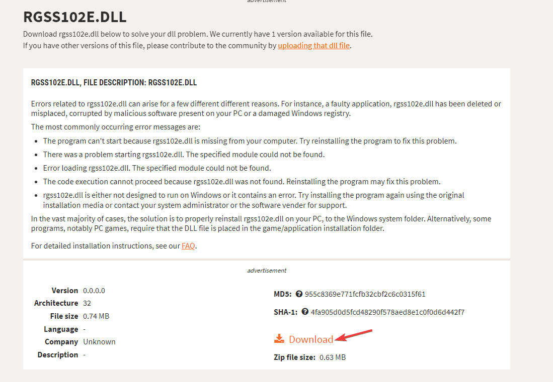 Страница загрузки RGSS102E.DLL на сайте с DLL