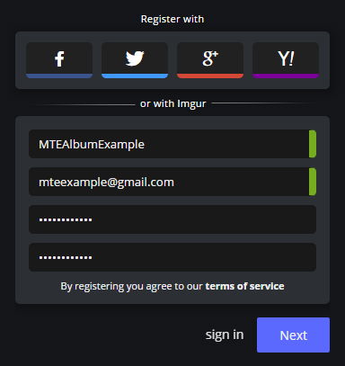 Форма входа и регистрации Imgur