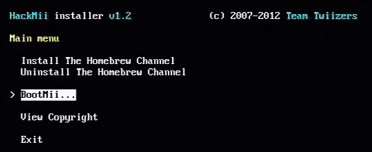 Экран BootMii с опцией установки и подсказкой о SD-карте