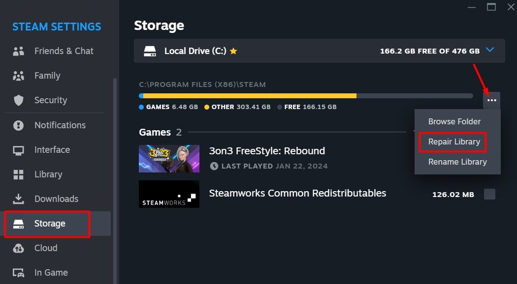 Опция Восстановить библиотеку в настройках Steam