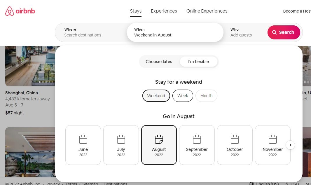 скриншот гибкого поиска Airbnb
