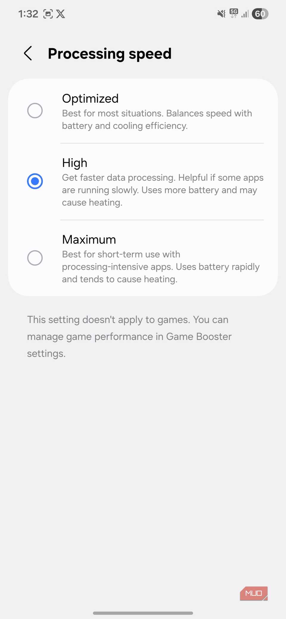 Processing speed menu on Android phone