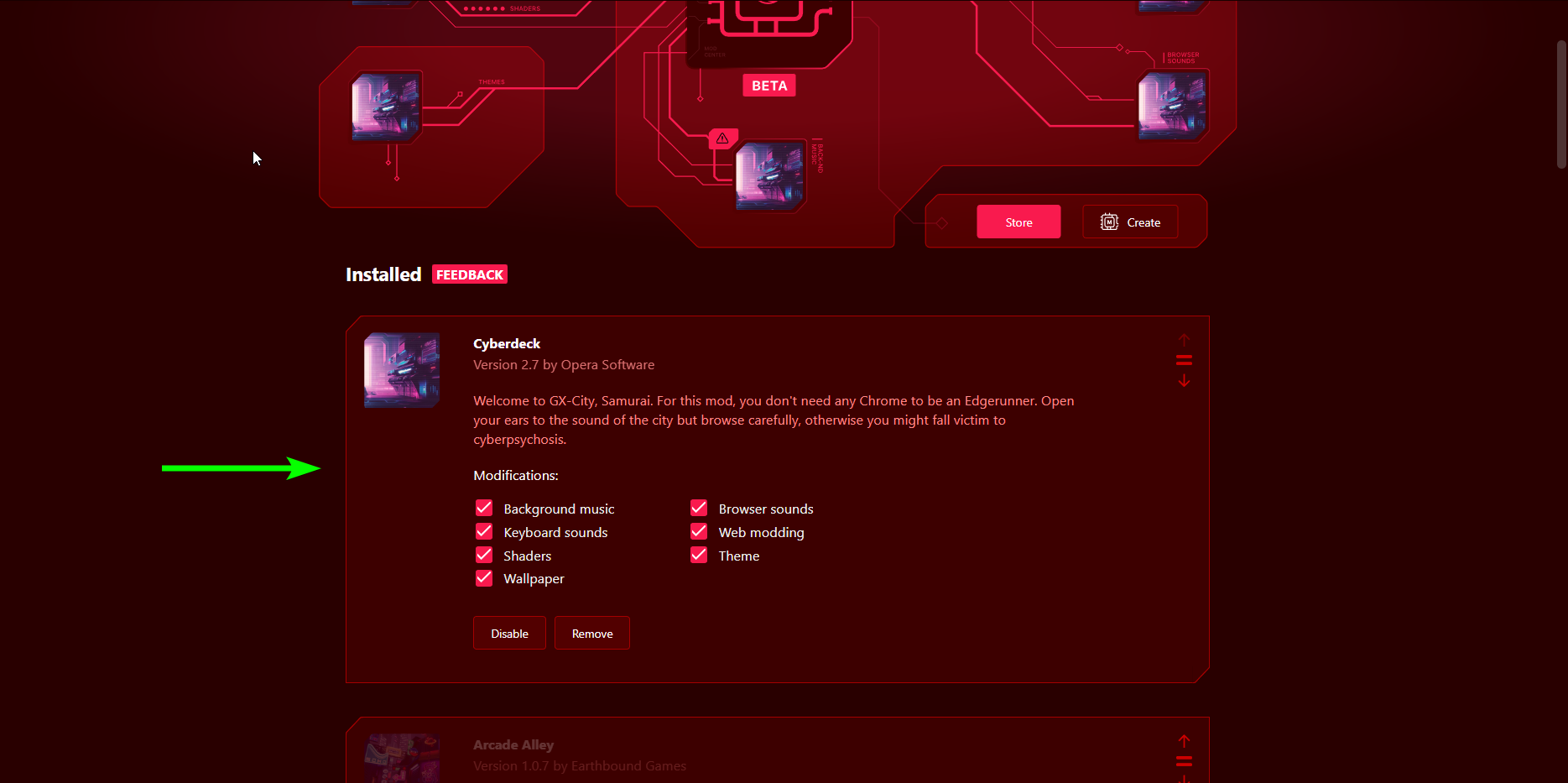 Список установленных модов в Opera GX