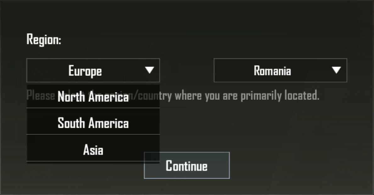 Выбор сервера PUBG Mobile на экране