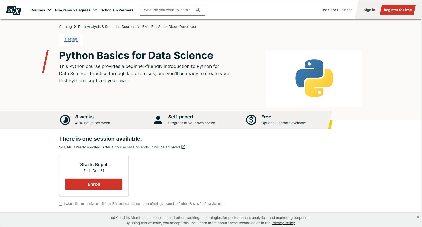 Страница edX: курс Python Basics for Data Science от IBM