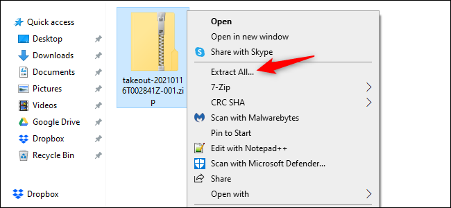 Щёлкните правой кнопкой по ZIP и нажмите «Извлечь все».