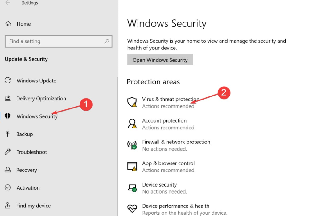 Настройки Windows: раздел Обновление и безопасность — вкладка Безопасность Windows