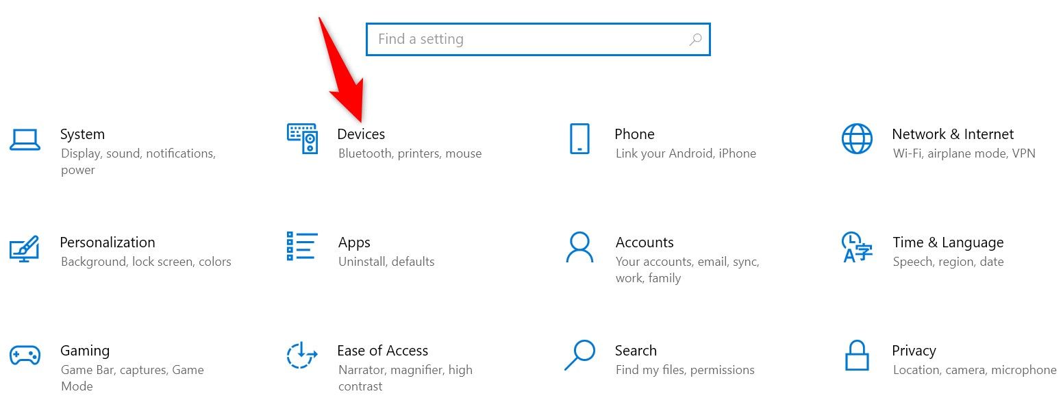 Окно Параметры Windows 10: раздел Devices выделен