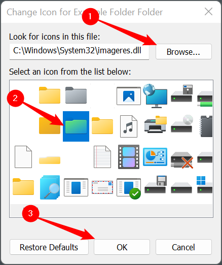 Нажмите «Обзор», выберите значок и нажмите «OK».