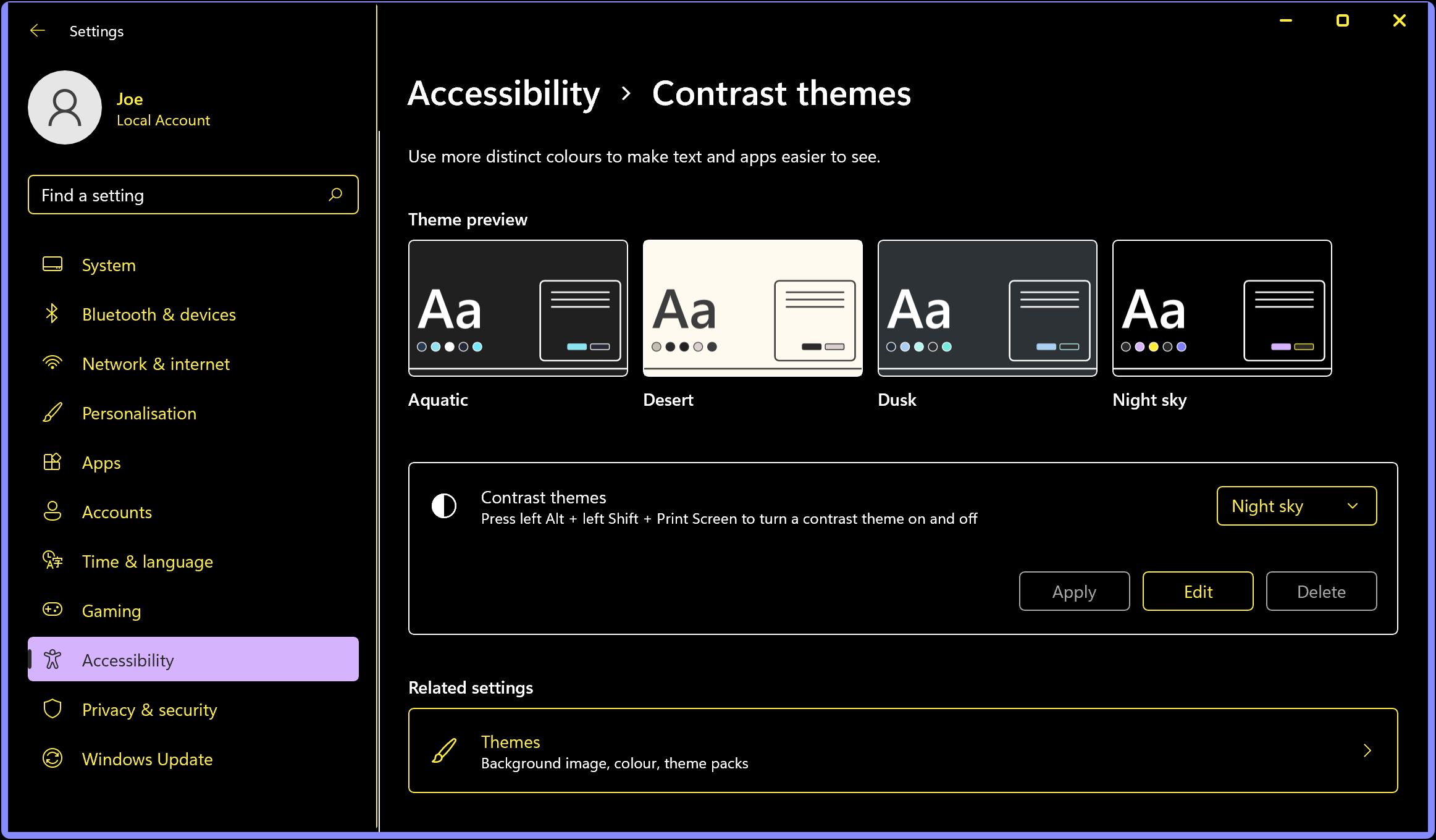 Параметры контрастных тем в Windows 11