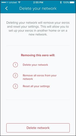 Подтверждение удаления сети в приложении Eero