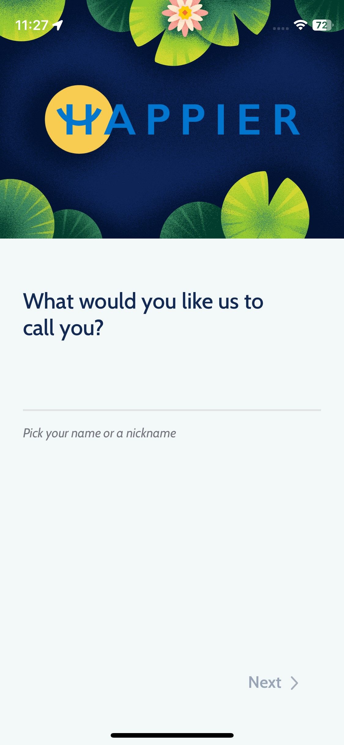 Скриншот приложения Happier — введите имя при регистрации