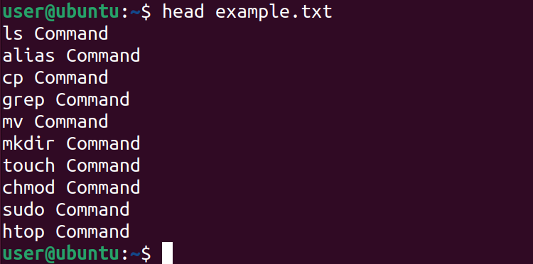 head выводит первые 10 строк файла example.txt
