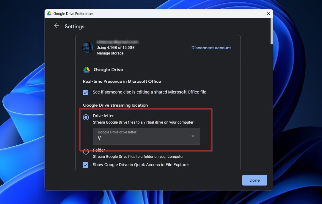 Настройки Google Drive: назначение буквы диска