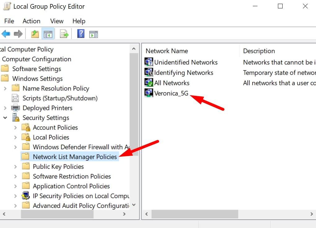 Переход к Network List Manager Policies в gpedit
