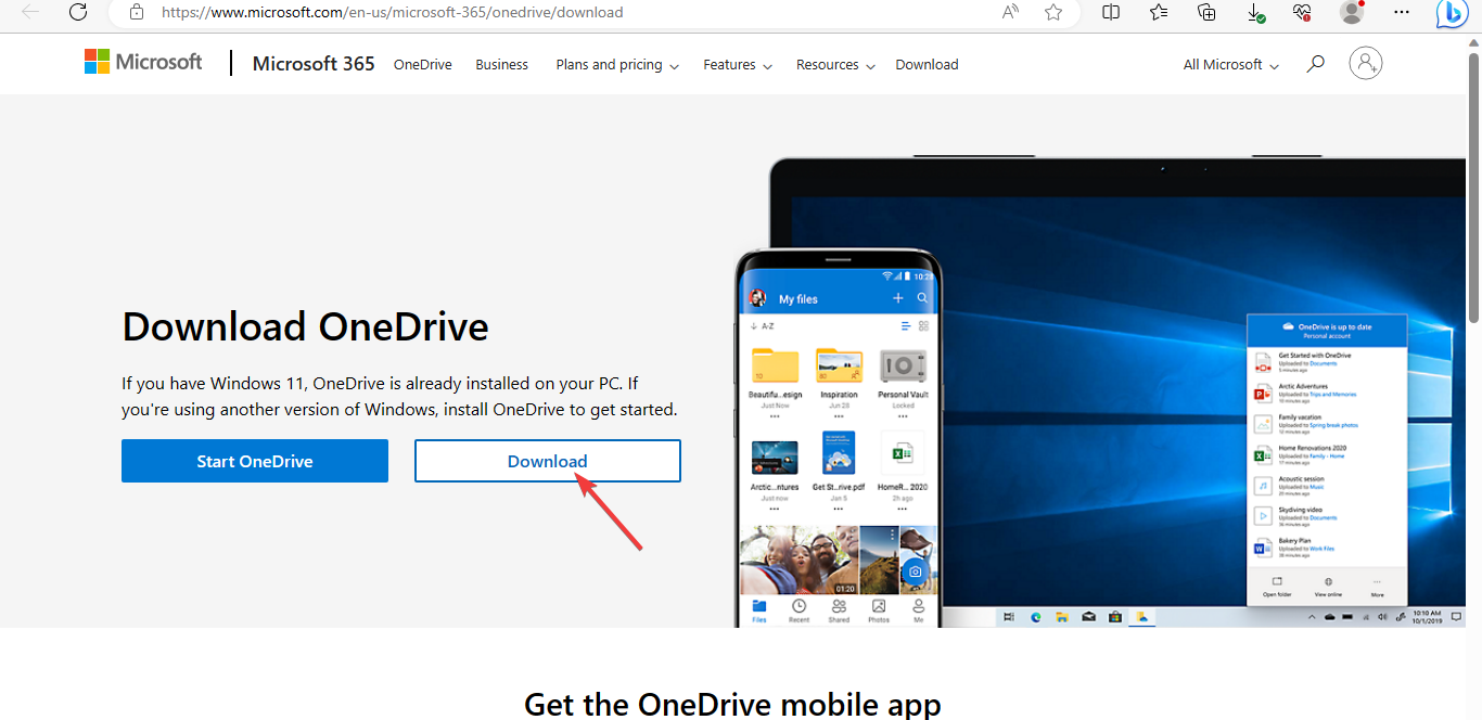 Загрузка установщика OneDrive с сайта Microsoft