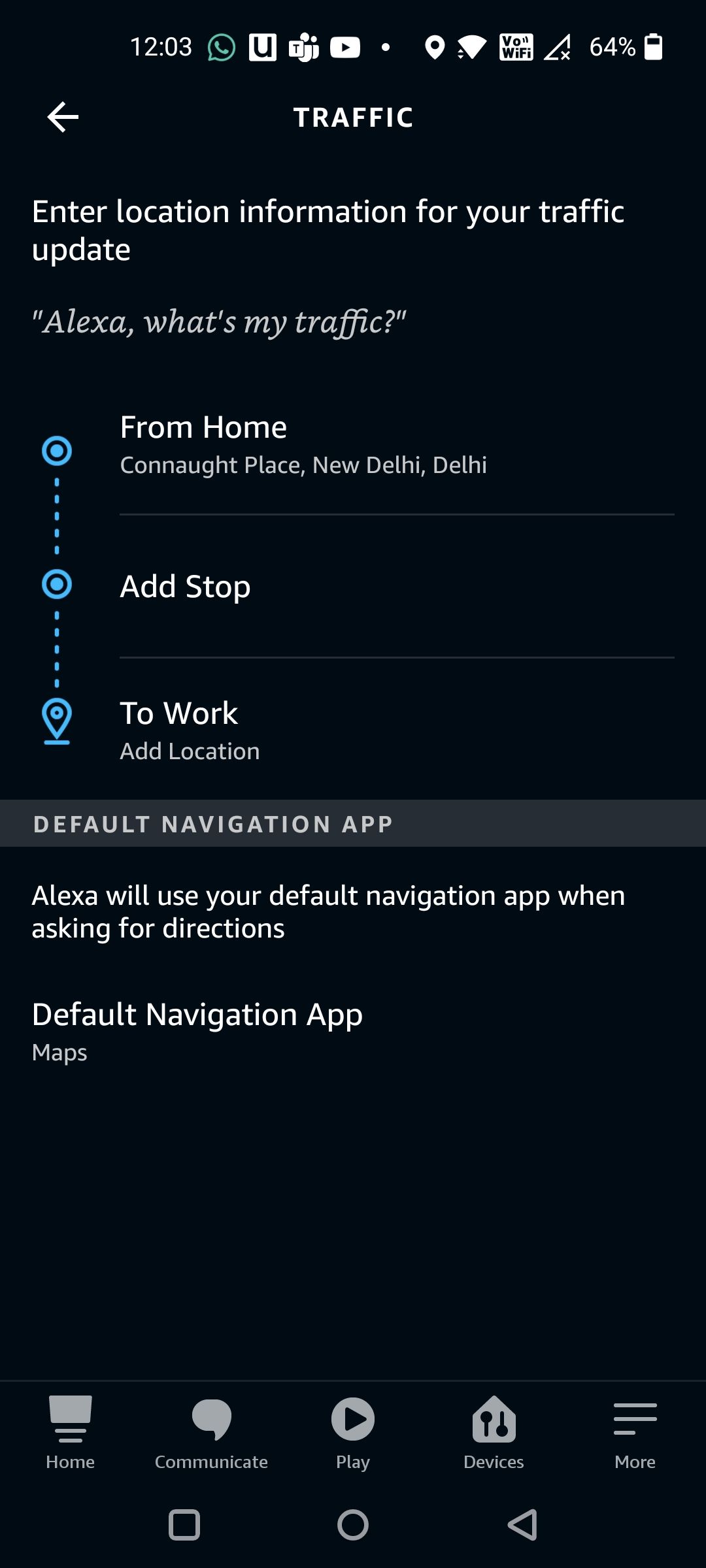 Enter Commute Details for Traffic Update Routine