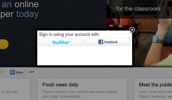 Окно входа в Paper.li с опциями Twitter и Facebook