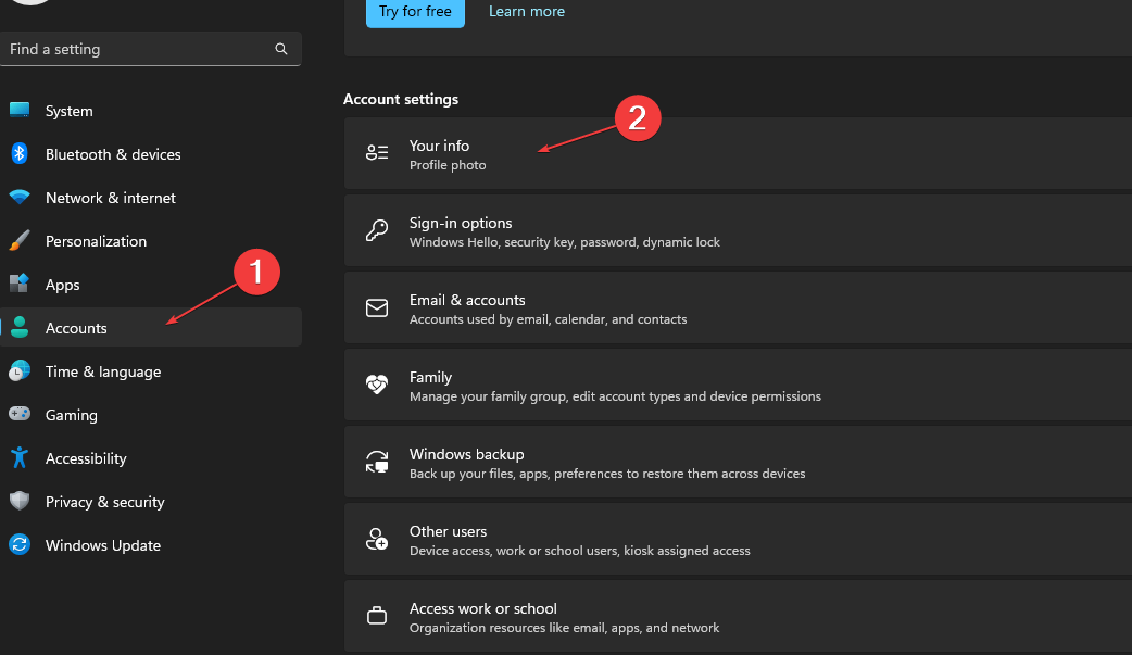 Параметры учётной записи и отображение адреса электронной почты Microsoft над ролью 