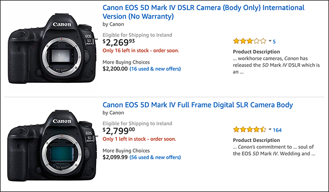 Список товаров на Amazon с корпусами Canon