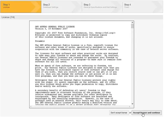Pantalla para aceptar la licencia de OTRS
