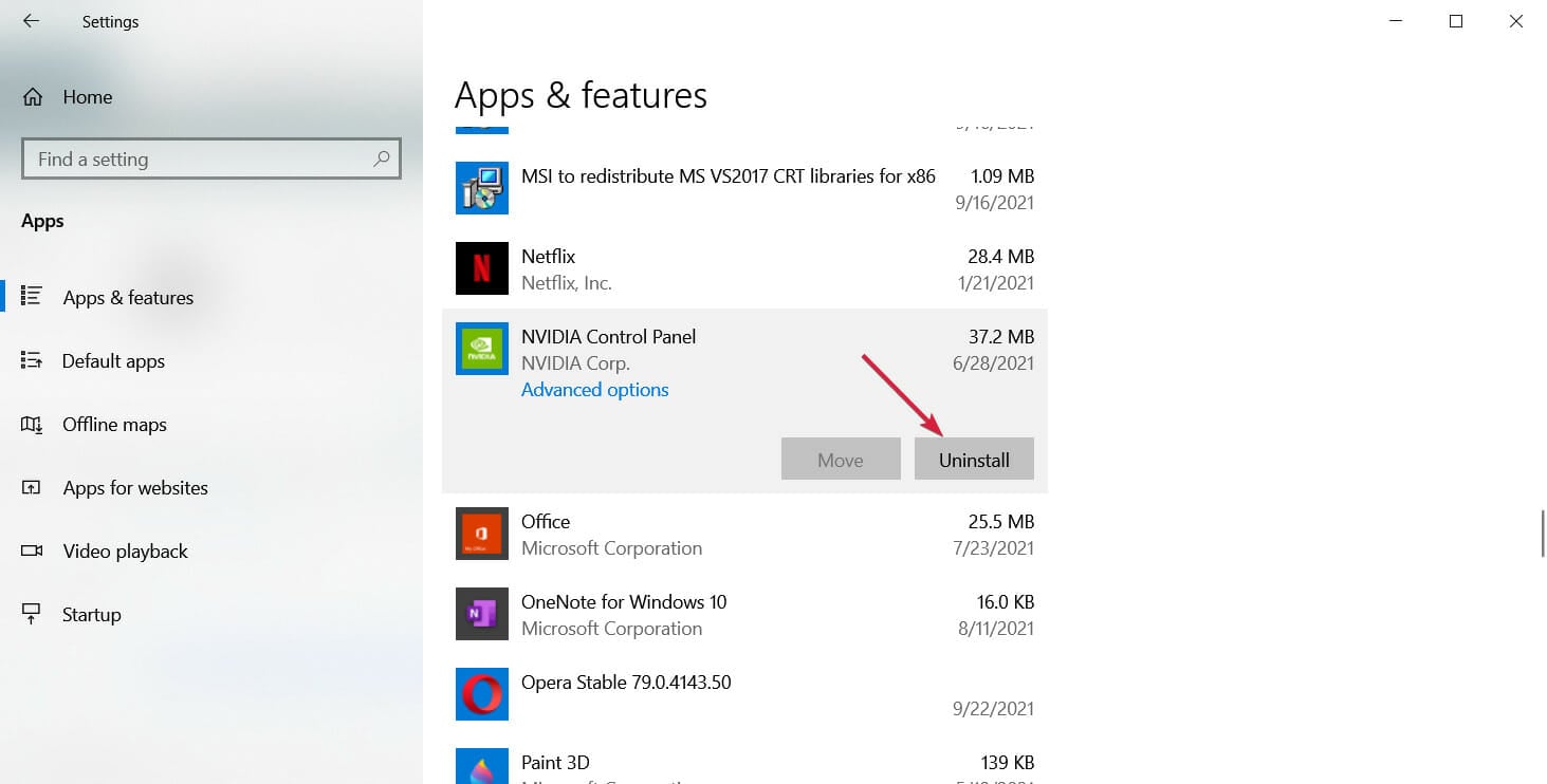 Список приложений — удаление NVIDIA Control Panel