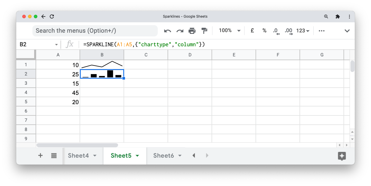 Скриншот Google Sheets с column sparkline