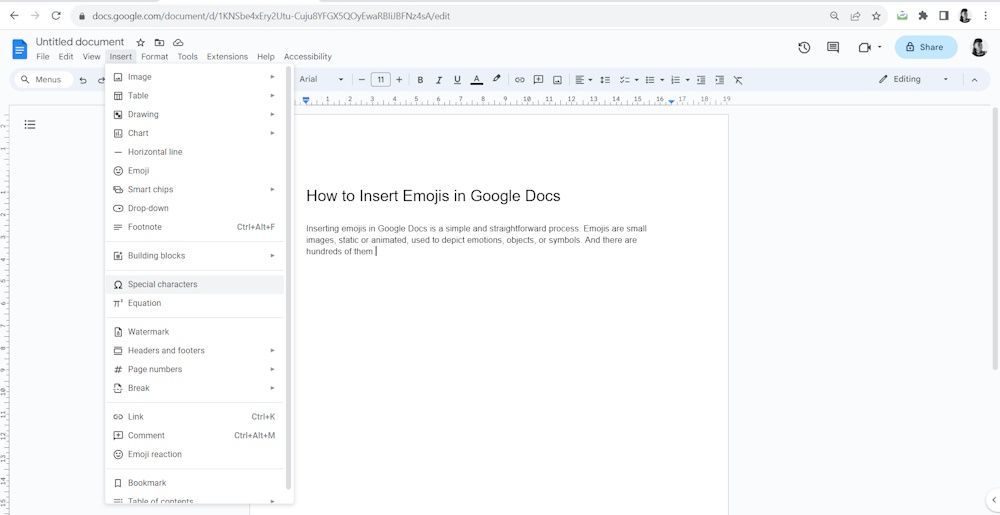 Меню Вставка в Google Docs с опциями