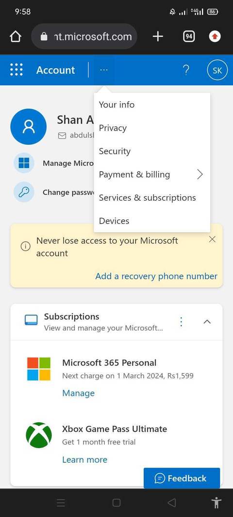 Открытие настроек безопасности на сайте Microsoft на смартфоне