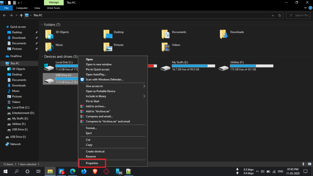 Контекстное меню диска Windows — Свойства выделено