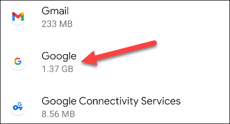 список приложений, найдите приложение Google