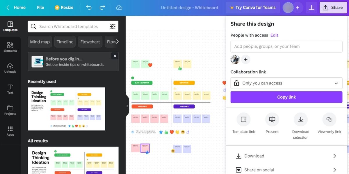 Меню общего доступа в Canva.