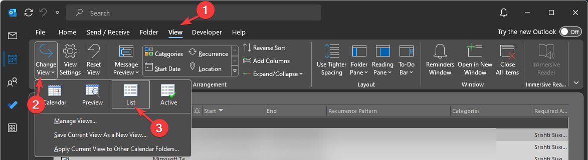 Выбор спискового вида календаря
