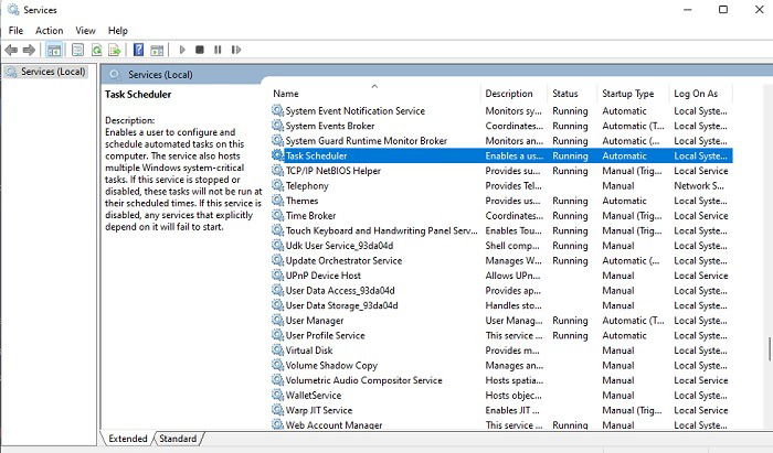 Служба Планировщика задан в списке служб Windows с указанием статуса и типа запуска