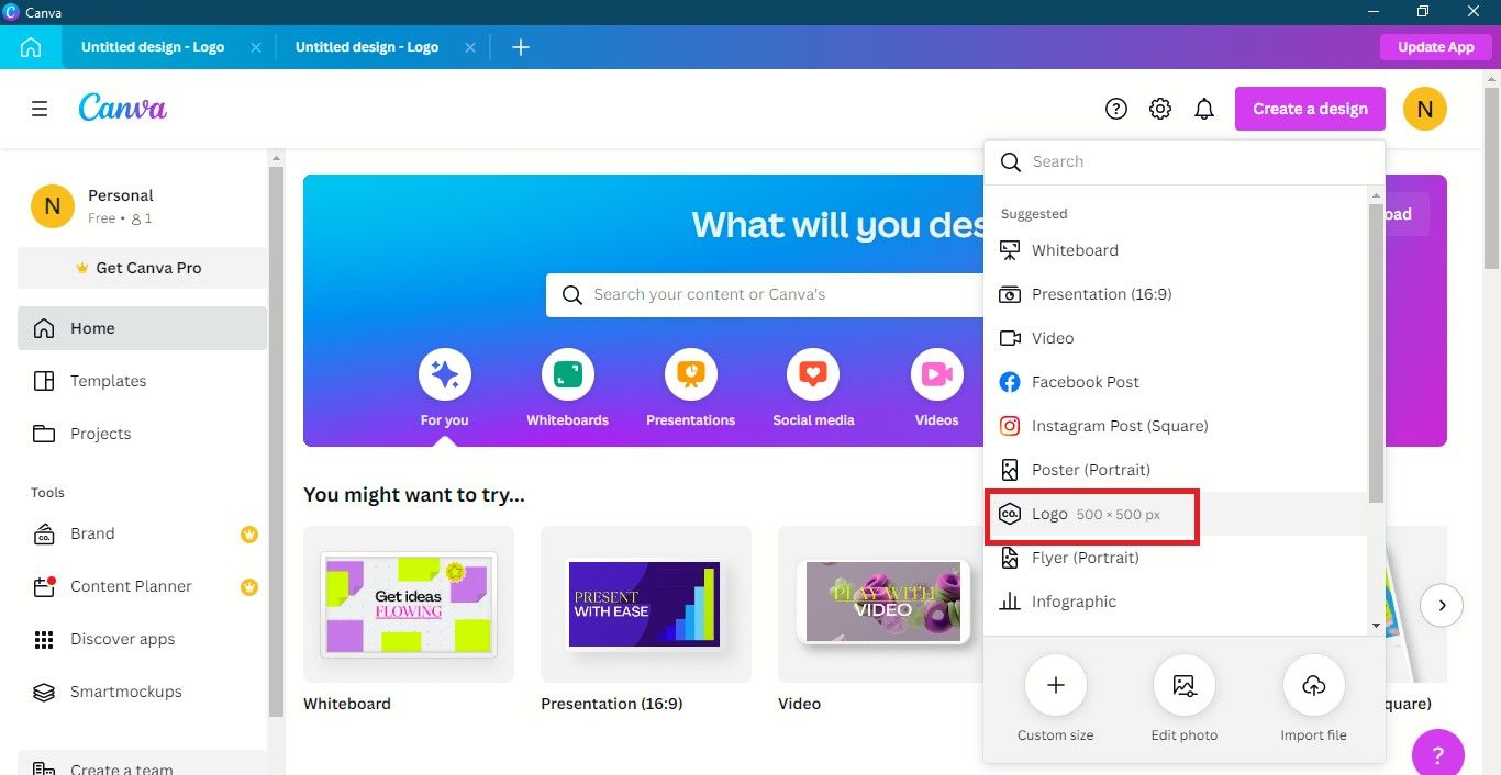 Выбор размера логотипа в Canva для стикера