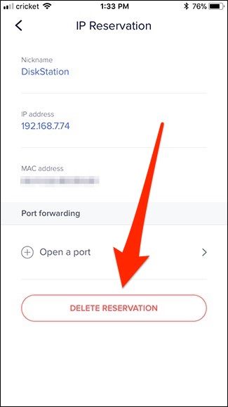Кнопка удаления резервации в информации об устройстве