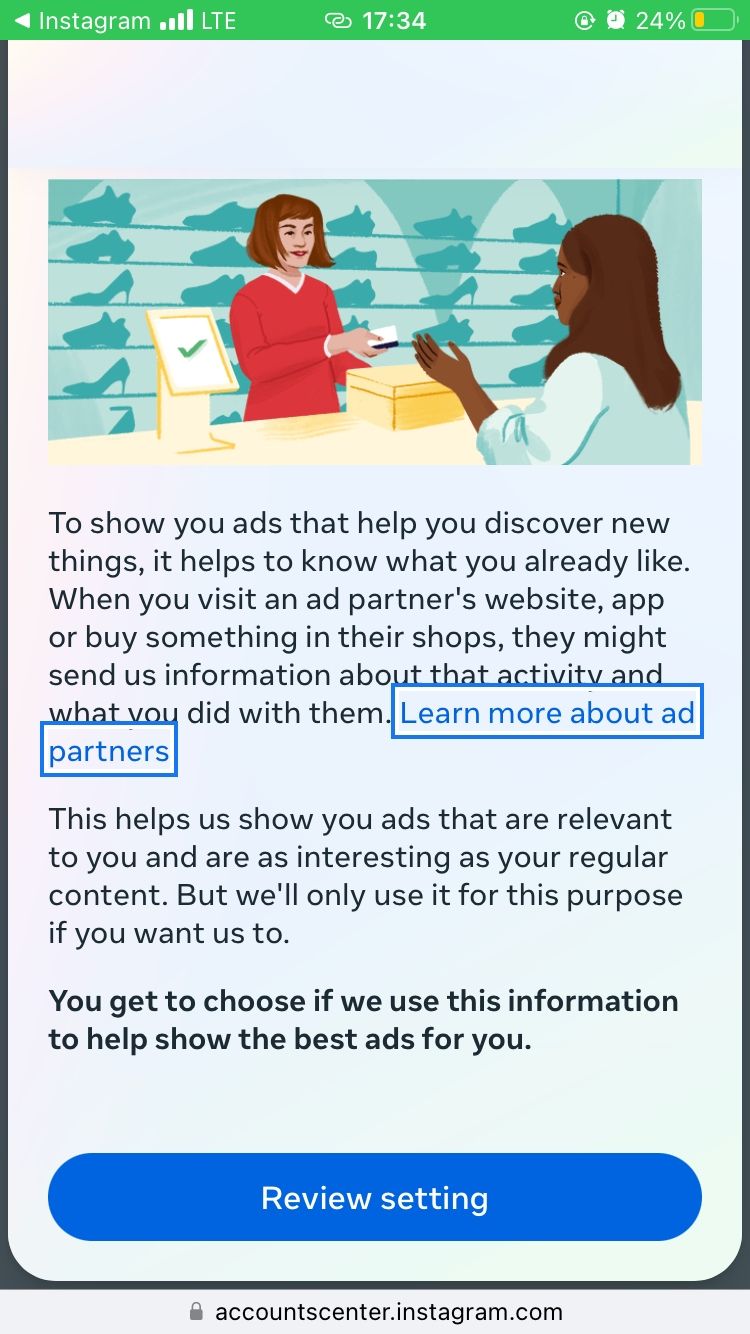 Review setting button in Instagram ad preferences settings on mobile app
