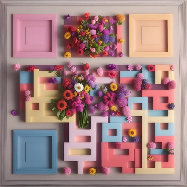 Colorful QR code in the shape of abstract shapes and flowers.