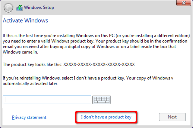 Ссылка «У меня нет ключа продукта» в мастере установки Windows 10