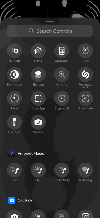 Available controls for iPhone shortcuts on lock screen. 