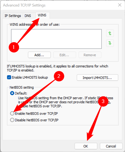 Вкладка WINS: настройка NetBIOS over TCP/IP, установка 'Включить'.