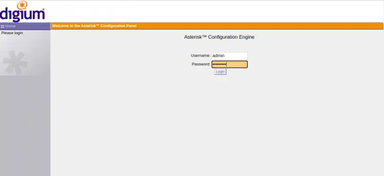 Страница входа в веб-интерфейс Asterisk GUI